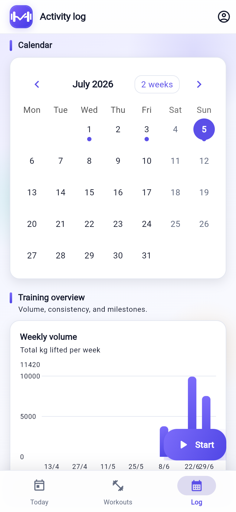 GymTraq Activity log screen