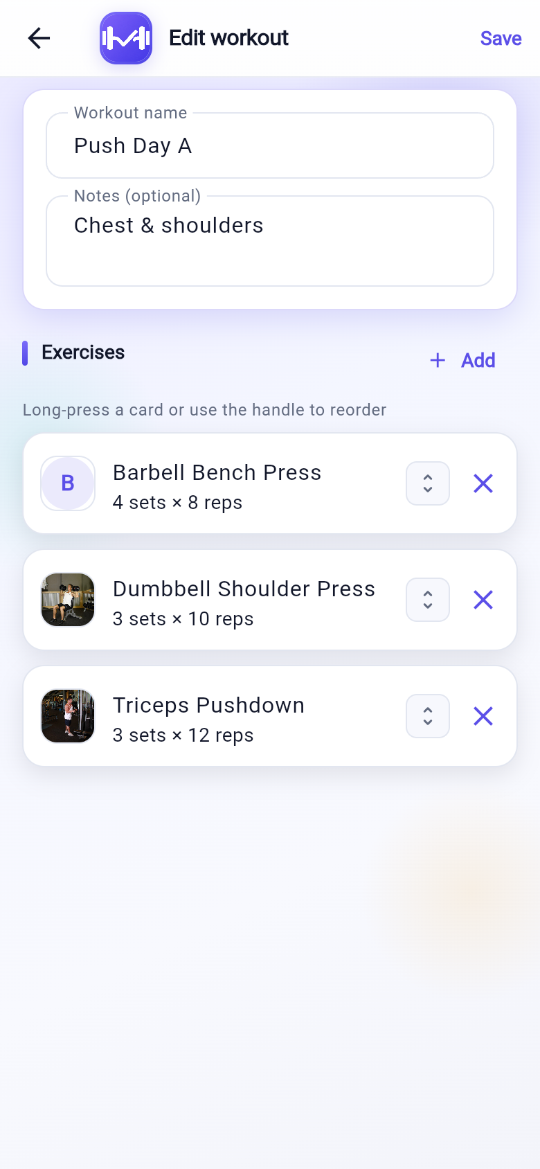 GymTraq Editor screen