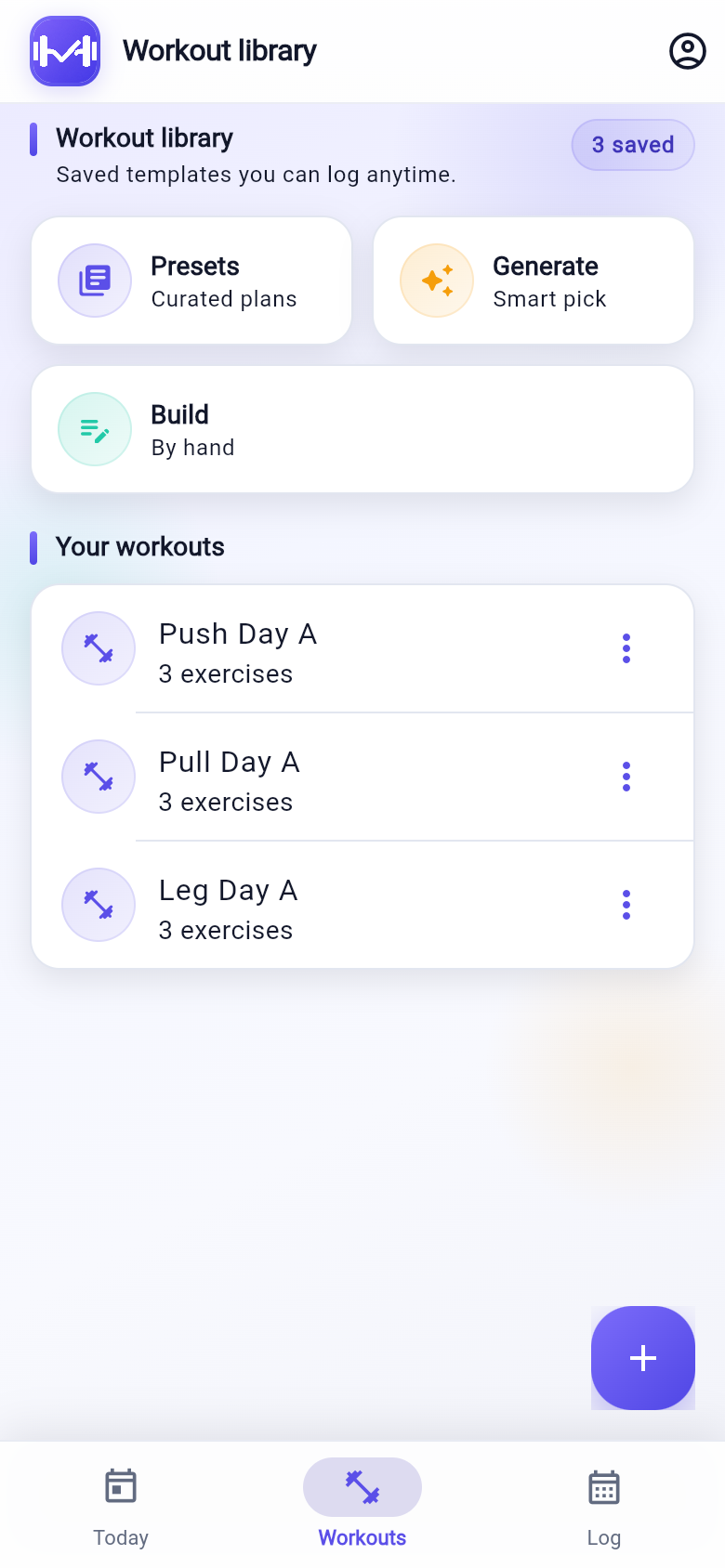 GymTraq Workouts screen